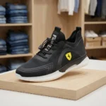 Ferrari black slip on sneaker featuring a yellow shield logo and thick white sole (4)