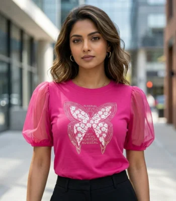 Fuchsia pink women's top with sheer puff sleeves and floral butterfly graphic (3)