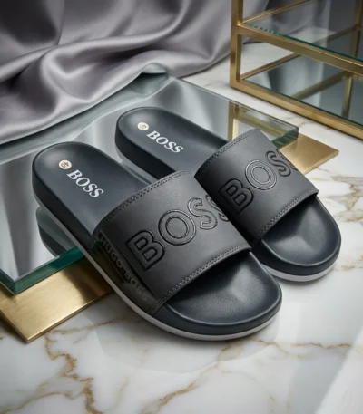 Grey Hugo Bossmens slides with bold logo on strap (1)