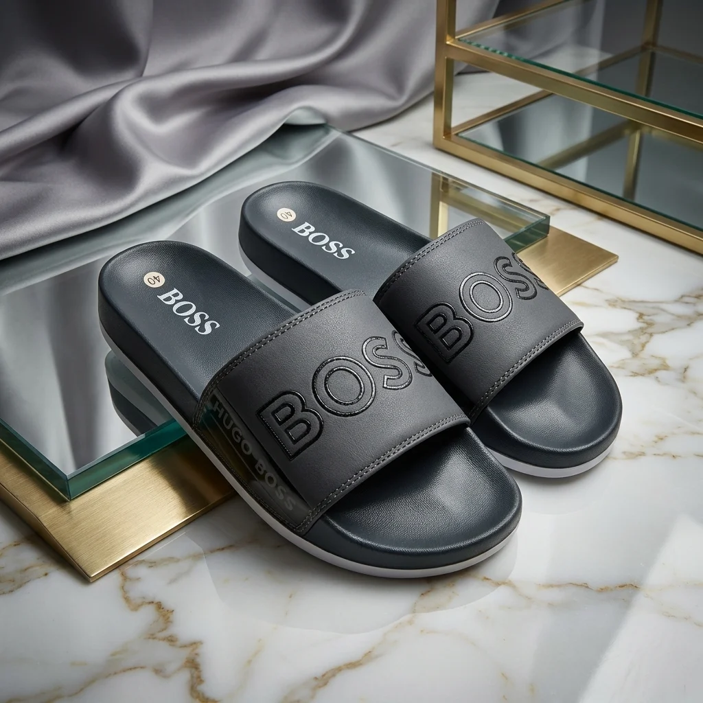 Grey Hugo Bossmens slides with bold logo on strap (1)