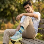 Grey and neon yellow mens running shoes with a chunky sole and N logo (2)