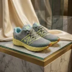 Grey and neon yellow mens running shoes with a chunky sole and N logo (5)