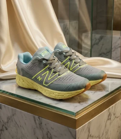 Grey and neon yellow mens running shoes with a chunky sole and N logo (5)