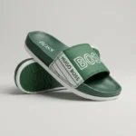 Hugo Boss mens dark green slides with white logo text on the strap (1)