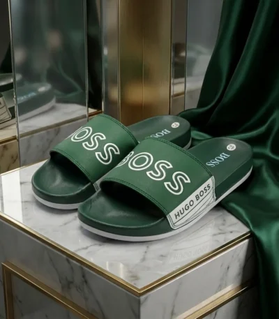 Hugo Boss mens dark green slides with white logo text on the strap (3)