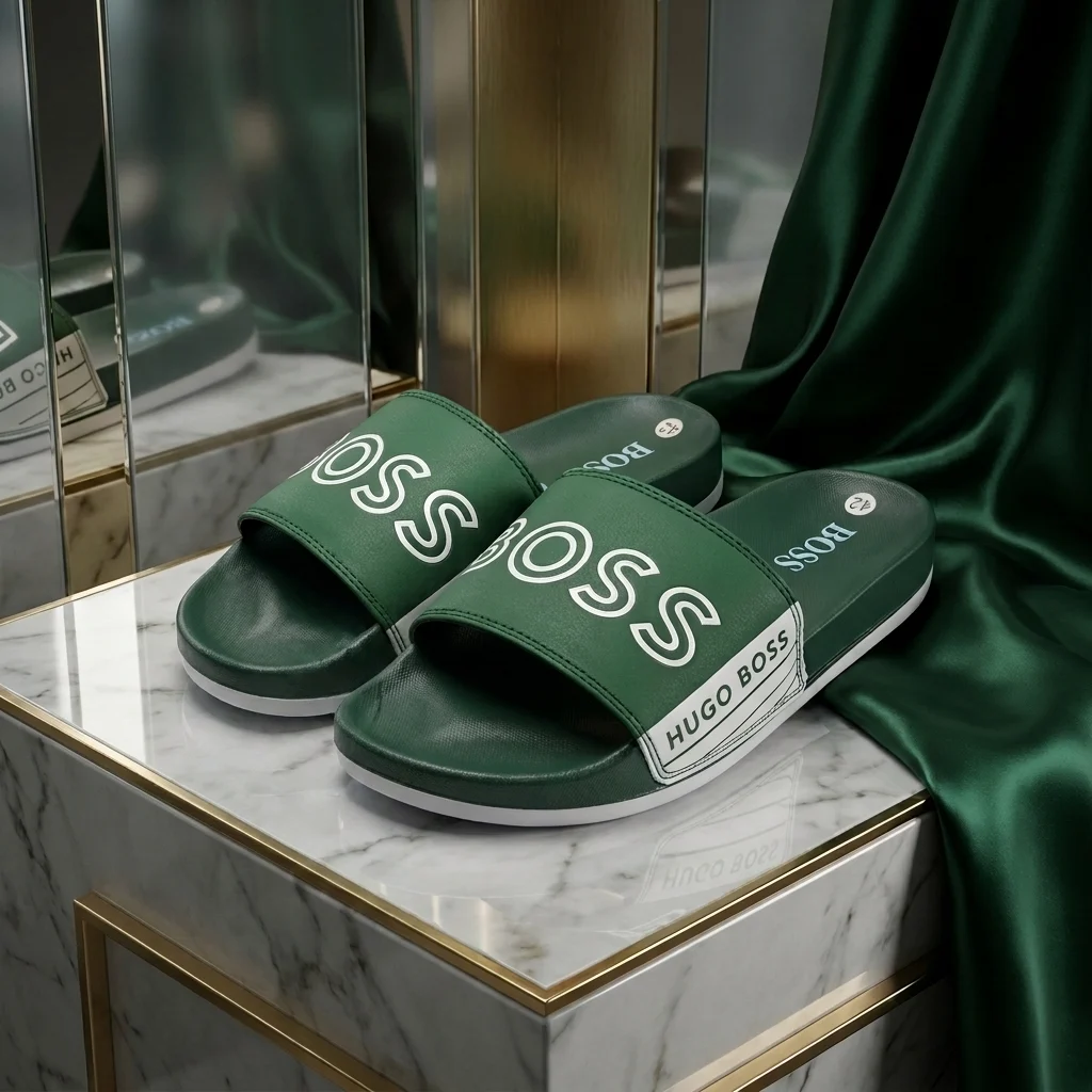 Hugo Boss mens dark green slides with white logo text on the strap (3)