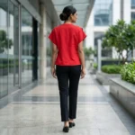 Indian woman modeling a red V neck top with 3D black floral appliqués (1)