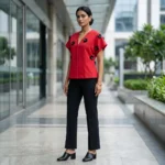 Indian woman modeling a red V neck top with 3D black floral appliqués (7)
