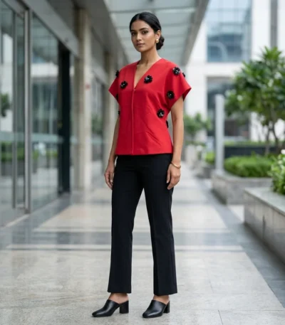 Indian woman modeling a red V neck top with 3D black floral appliqués (7)