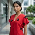 Indian woman modeling a red V neck top with 3D black floral appliqués (8)