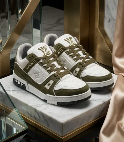 Louis Vuitton mens olive green and white leather chunky sneaker (2)