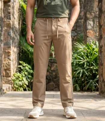 Man wearing premium men's khaki casual drawstring trousers outdoors (2)