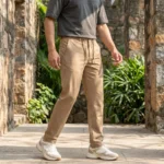 Man wearing premium men's khaki casual drawstring trousers outdoors (3)