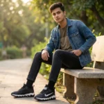 Men black chunky sports sneakers with white side logo and shock absorbing wavy sole (2)