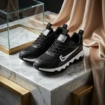 Men black chunky sports sneakers with white side logo and shock absorbing wavy sole (3)