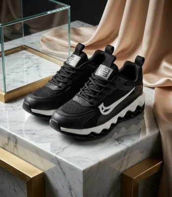 Men black chunky sports sneakers with white side logo and shock absorbing wavy sole (3)