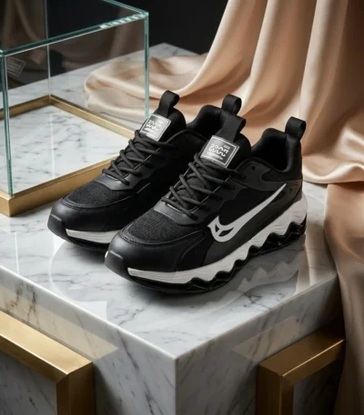 Men black chunky sports sneakers with white side logo and shock absorbing wavy sole (3)