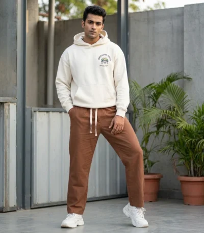 Men wearing brown relaxed fit casual drawstring trousers (2)