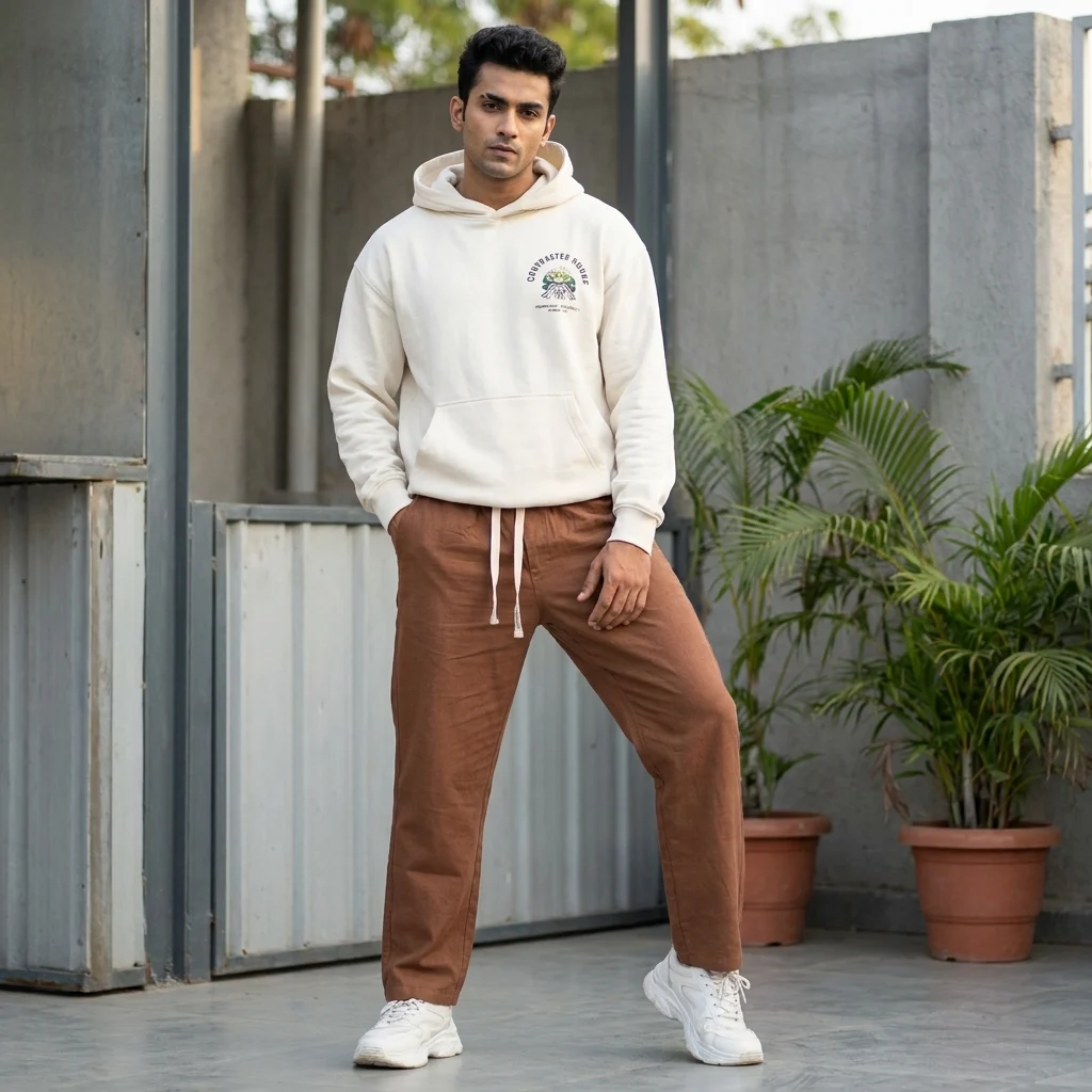 Men wearing brown relaxed fit casual drawstring trousers (2) Men wearing brown relaxed fit casual drawstring trousers (2)