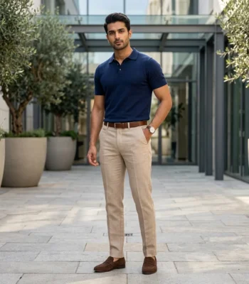 Men wearing tailored beige flat front trousers (2)