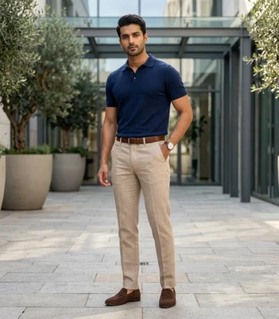Men wearing tailored beige flat front trousers (2)