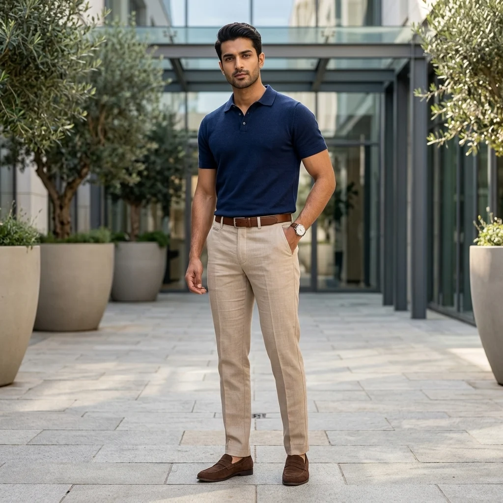 Men wearing tailored beige flat front trousers (2)