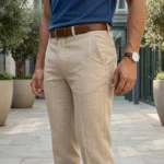 Men wearing tailored beige flat front trousers (3)