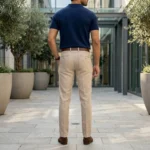 Men wearing tailored beige flat front trousers (4)