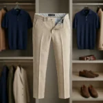 Men wearing tailored beige flat front trousers (5)
