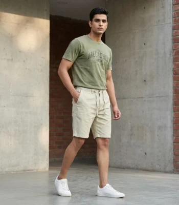 Men's beige casual drawstring shorts (1)