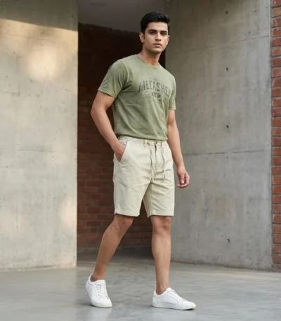 Men's beige casual drawstring shorts (1)