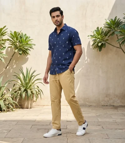 Men's beige drawstring casual trousers (4)