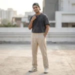 Men's beige relaxed fit summer trousers with drawstring waist (2)