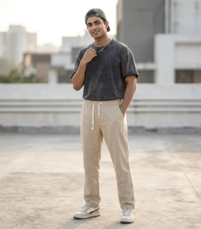 Men's beige relaxed fit summer trousers with drawstring waist (2)