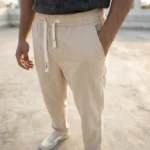 Men's beige relaxed fit summer trousers with drawstring waist (4)