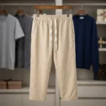 Men's beige relaxed fit summer trousers with drawstring waist (5)