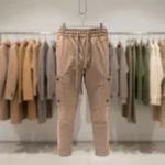 Men's beige slim fit cargo joggers with elastic waist and flap pockets (3)