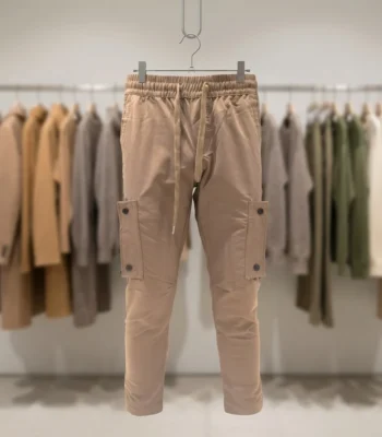 Men's beige slim fit cargo joggers with elastic waist and flap pockets (3)