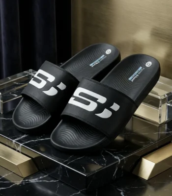 Mens black Hyper Burst recovery slider shoes with bold white logo (1)