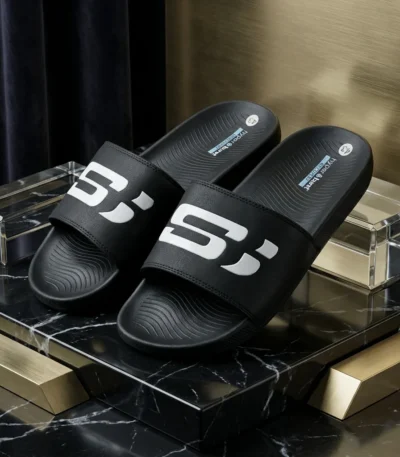 Mens black Hyper Burst recovery slider shoes with bold white logo (1)