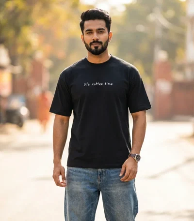 Men's black relaxed fit t shirt with It's coffee time text (3)