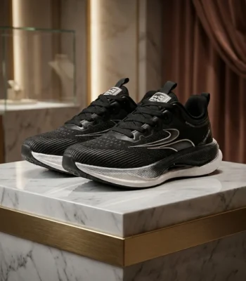 Mens black running shoes with thick cushioned white sole (1)