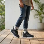 Mens black running shoes with thick cushioned white sole (3)