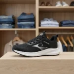 Mens black running shoes with thick cushioned white sole (4)