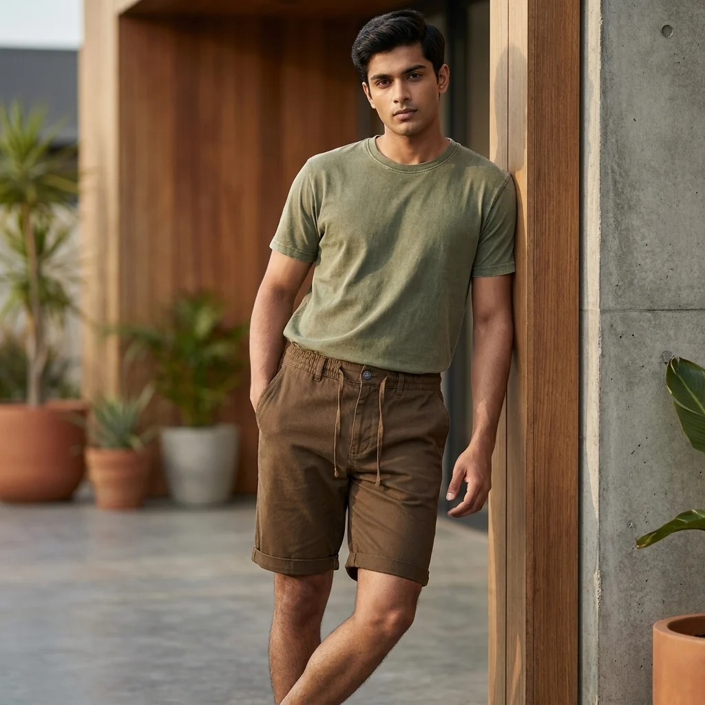 Men's brown casual shorts with drawstring waist (1) Men's brown casual shorts with drawstring waist (1)