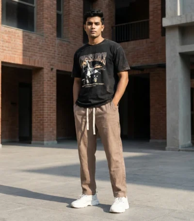Men's brown textured casual drawstring pant (5)