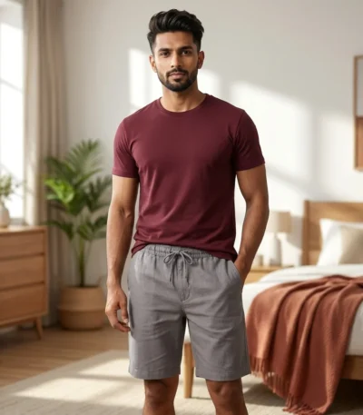 Mens casual grey solid knee length shorts with woven texture (2)
