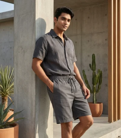Men's charcoal grey casual half pants with drawstring (1)