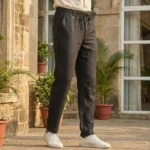 Men's charcoal grey textured drawstring trousers with back pockets (1)