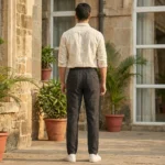 Men's charcoal grey textured drawstring trousers with back pockets (3)
